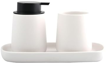 MSV - Lot de 3 Accessoires de Salle de Bain en céramique Maonie - Set Salle de Bain Design avec Distributeur de Savon - gobelet et Plateau Multifonction – Collection élégante et Tendance - Blanc Mat