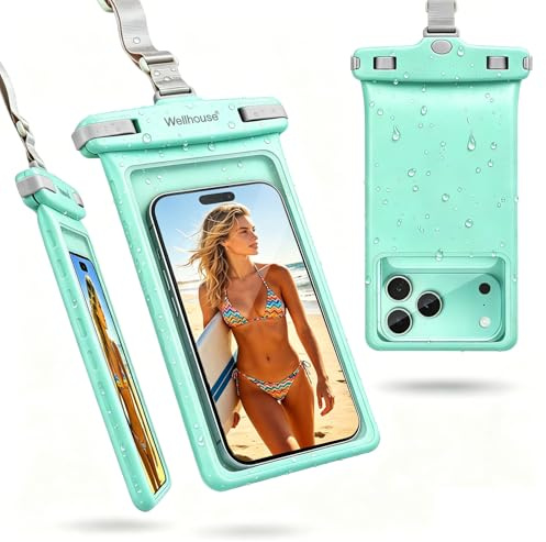 wellhouse Wasserdichte Handytasche/Handyhülle für iPhone 15, 14, 13, 12 Pro Max, XS, Samsung, IPX8, 3D, Strand-Essentials (Kristall-Minze, 1er-Pack, 8 Zoll (20,3 cm)