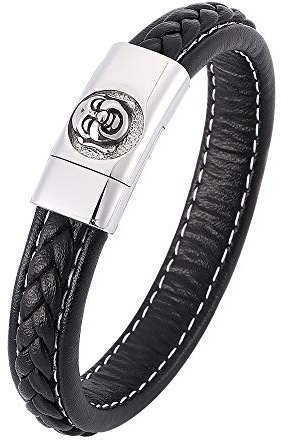 Aeici Bracelet à main pour homme et homme en acier inoxydable Tête de Bouddha rieur Cordon en cuir tressé Cadeau pour petit ami 20,5 cm (noir)
