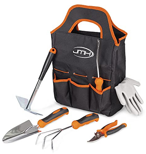 JMH Gartenwerkzeug Set aus Edelstahl - 7-teiliges Garten Werkzeuge Set - Garten Zubehör für außen - Gartenwerkzeuge mit Unkrautstecher - Gartengeräte