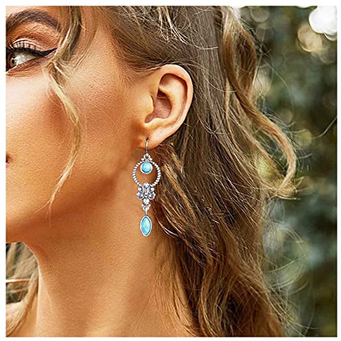 Allereya Vintage Teardrop Turquoise Circle Earrings Tribal Totem Drop Earrings Turquoise Dangle Earrings Silver Circular Hoop Hook Earrings Jewelry for Women and Girls