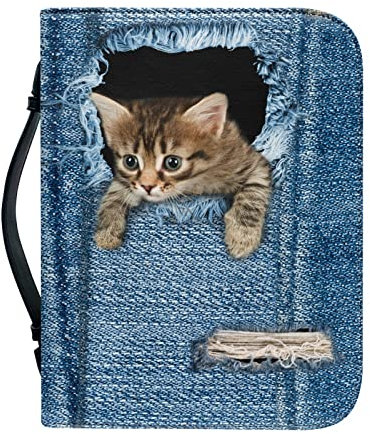 Kuiaobaty Neuheit Jeans Tasche Katze PU Leder Buch Schutzhülle für Notebook Cute Kitty Bibel Tragetasche Schutzhülle mit Griff