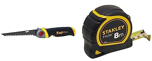 STANLEY FATMAX Scie pour Usage Général - Découpe du Plâtre - 8 Dents/Pouce - Denture Triple Biseaux - 3 Angles de Blocage & Mètre Tylon Bi Matière 8m x 25mm - Ruban Anti-Corrosion - Boitier
