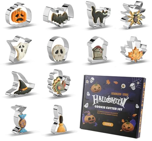 INGJIA Halloween-Ausstechformen-Set, 12 Formen Plätzchen Ausstecher Ausstechformen für Halloween Geist, Fledermaus, Kürbis, Katze, Hexe, Spinne, Totenkopf, Lebkuchenmann usw. zum Backen von Edelstahl