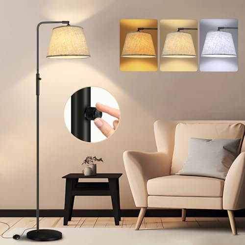 Weilim Lampara pie Regulable, Lamparas de Pie Para Salon con 9W E27 Bombilla, 360° Pantalla de Lino y Interruptor de Pie - Atenuación Continua y 3 Temperaturas de Color 3000-6500K