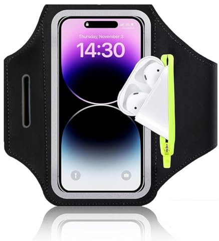 Running Armband Phone Holder with Airpods Bag, Sweatproof Sport Mobile Phone Armbands, Adjustable Phone Strap for iphone 16 15 14 13 12 11 X 8 Plus Pro Max and Android up to 6.8(Black)