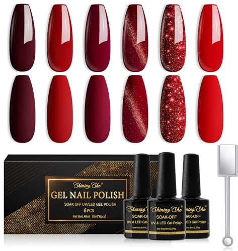Shining She Esmaltes Semipermanentes para Uñas de Gel UV LED,6 Colores Rojo Burdeos Rojo Oscuro Rojo Glitter Cat Eye Gel Polish Set con imán,Pintauñas Gel Salón de Uñas Creativas,8ML