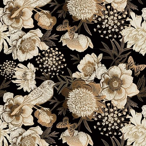 ReWallpaper 44.5cm×12m Tapete Schwarz Gold Selbstklebende Fototapete Schlafzimmer Natur Blumen Folie für Möbel Gold Muster Vögel Mustertapete Dunkel Vintage Ornament Tapete Vinyl Floral