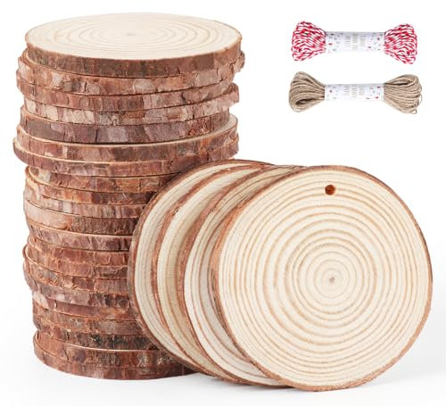 Agoer 30 Pcs Natural Wood Slices,4-5cm Diameter Unfinished Round Log Slices,Pine Wood Discs with Predrilled Hole and 2 Natural Ropes,Wooden Slices for Crafts DIY Arts,Christmas and Wedding Ornaments
