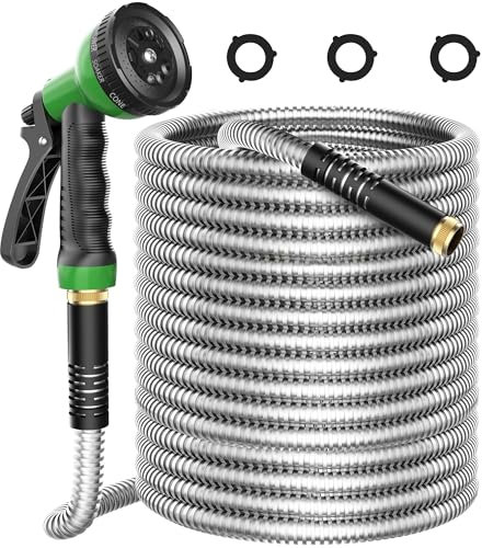 EONFAY Metal Garden Hose 50ft, Stainless Steel Water Hose Leak-Proof w/10 Function Sprayer Nozzle, 5/8 Flexible Garden Hoses, Long-Lasting, Lightweight, No-Kink Water Hose, for Yard and Lawn
