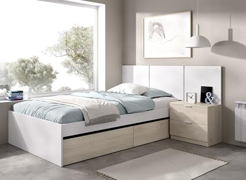 DEKIT GRUPO RIMOBEL BITO PACK - Conjunto de cabezal con dos mesitas de dos cajones, aro de cama 90X190 y dos cajones bajo cama - BLANCO / NATURAL