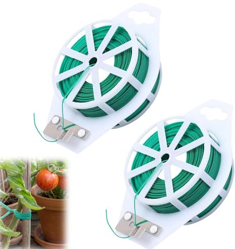 Attaches de Jardin pour Plantes, Fil Jardinage Vert, Câble d'attache de Fil Plante, Fil de Fer Jardin, Rouleau de Lien Plastique Armé, Lien Attache Plante pour Fixer Les Branches, 100 Mètres, 2 Pièces