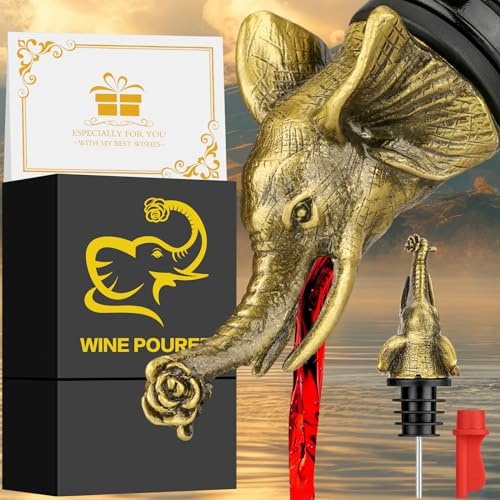 Elephant Bec Verseur et Bouchon de Bouteille de Vin 2 en 1 - Cadeau pour Amateurs d'Éléphants - Accessoire de Vin en Bronze pour Alcool et Spiritueux