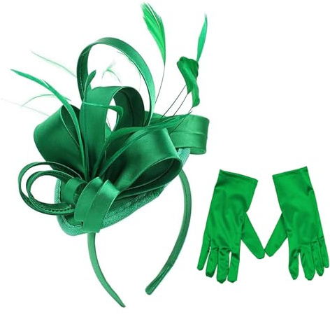 amangul Satin-Fascinator, Hut, Partyhut, Stirnband und kurze Handschuhe, Cocktail-Party, Kopfbedeckung für Damen, grün, Recommended head circumference 56-58cm