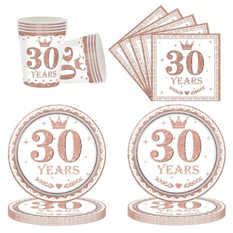 52P Tableware Set for 30th Birthday - Rose Gold Napkins, Cups & Plates - Dinnerware for Her 30th Anniversary Party