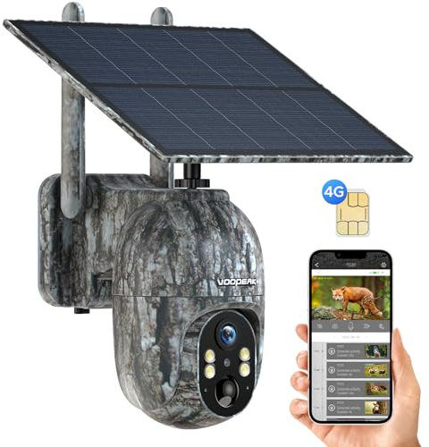 VOOPEAK 4G LTE Camera de Chasse Solaire 1080P FHD, Caméra de Chasse Vision Nocturne Infrarouge avec Carte SIM, Camera Chasse Exterieur Activée par Le Mouvement IP66 Étanche pour Surveillance Animaux