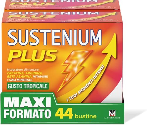 Sustenium Plus Gusto Tropicale- lntegratore energizzante a base di uno specifico complesso di aminoacidi, vitamine e minerali. Per la tua energia fisica e mentale. Bipack 44bustine