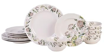 222 Fifth Service de table 12 pièces en porcelaine neutre de luxe pivoine – Service pour 4 personnes, comprend des assiettes plates, des assiettes à salade et des bols à céréales, finition brillante,