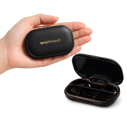 HyJeryty 6-Compartment Pill Organizer - Small Compact Daily & Travel Pill Case Container for Vitamins, Medication and Supplements - Portable Black Medicine Pill Box Holder with Stylish Cute Design