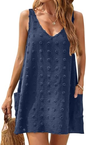 BUNSLOOM Sommerkleid Damen Swiss Dot V-Ausschnitt Locker Strandkleid Taschen