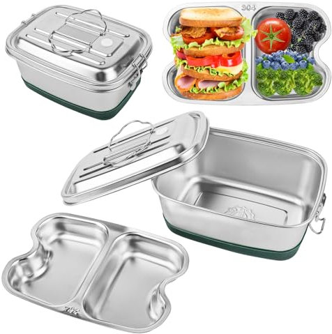 Edelstahl Brotdose 1200ML, Doppelte Metall Lunchbox mit 2 Fächern, Auslaufsichere Brotzeitdose mit Dichtungsring für Lebensmittel Sandwich Salat Obst, Brotdose Metall für Kinder und Erwachsene