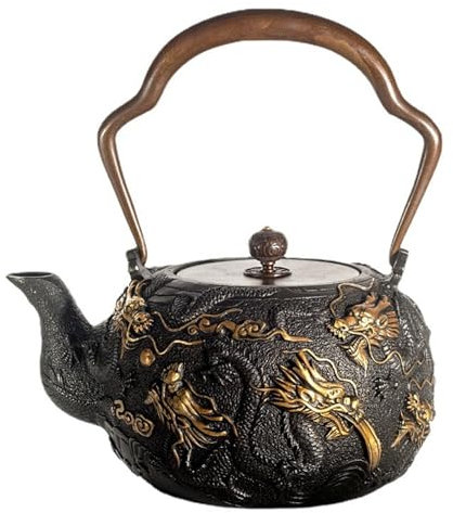 QTQHOME Théière japonaise en fonte de 1,4 l pour cuisinière, garde au chaud, dorure, bouilloire en fonte à motif neuf dragons pour sachets de café, thé en vrac, thé noir