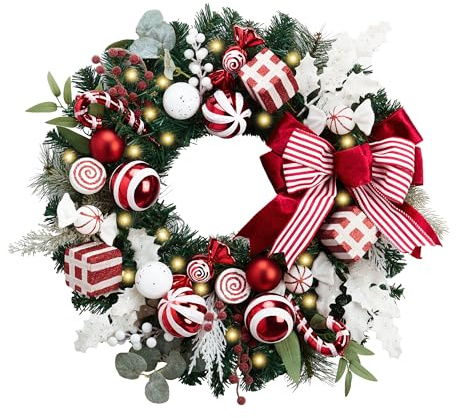 Valery Madelyn 24'' Pre-Lit Christmas Wreath for Front Door with Lights, Collapsible Lighted Outdoor Christmas Wreath with Red White Xmas Balls & Bow for Home Porch Fireplace Window Holiday Wall Decor