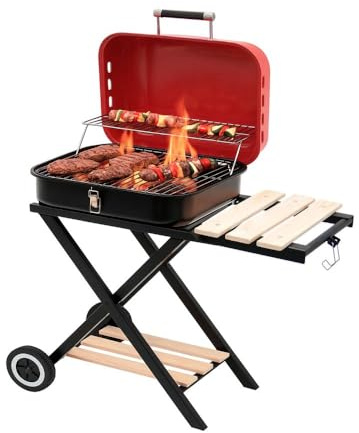 Mobiler Holzkohlegrill klappbar | BBQ Grillwagen mit Deckel, verchromtem Grillrost & Warmhalterost | Campinggrill mit Holzablagen & Rollen | Kompakter Klappgrill für Garten & Balkon