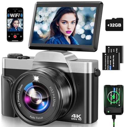Appareil Photo Numérique avec WiFi, 4K 64MP Autofocus Camera Vlog 16X Digital Zoom à Écran Rabattable à 180° Appareils Photo Compact avec Station de Charge, 2 Batteries, Carte 32 GB pour Débutants