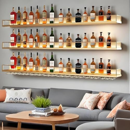 Weinregal Wand Mit LED-Leuchten, 3 Ebenen Wand-Weinregale mit Glashalter, Weinpareite Weinflaschen-Präsentationsregal aus Eisen,Weinflaschenhalter Wandmontage, für Bar, Küche, Resta (gold, 180cm)