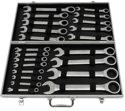 YlluySmn Juego de llaves de carraca de 22 piezas, 6-32 mm, juego de llaves combinadas, llaves combinadas, juego de llaves de carraca articuladas, apertura estándar curvada, con caja organizadora