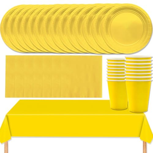 MOMAHUA Ensemble de vaisselle de fête jaune de 69 pièces pour 16 invités, ensemble de vaisselle en papier, ensemble de vaisselle pour anniversaire avec nappe, assiettes en carton, serviettes, gobelets