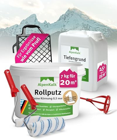 AlpenKalk Starter-Set I Feiner Rollputz Innen 7 kg + Tiefengrund 2,5 l für ca. 20m² I 0,5 mm Körnung I Inkl. 18 & 10cm Spezialrollen, 21 x 25cm Abstreifgitter & Quirl I Atmungsaktiv & schimmelhemmend