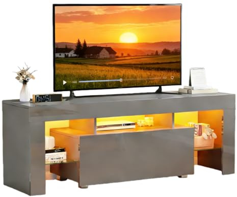 Redd Royal 130cm TV Stand Cabinet White High Gloss with Led Light for 32-65 TV, Modern TV Unit Entertainment Center Cabinet with Large Storage Drawer Glass Shelves for Living Room Bedroom (Grey)