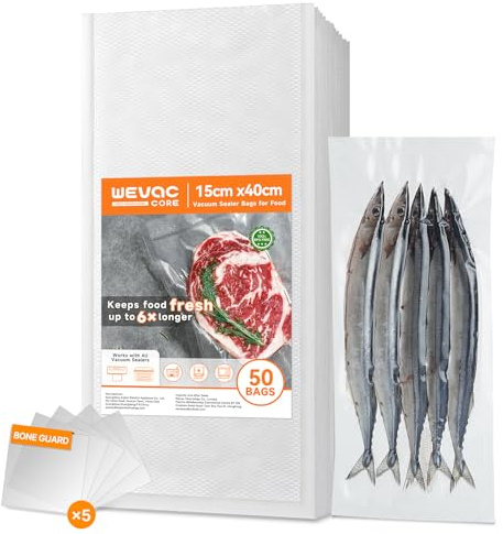 Wevac Core Vakuumierbeutel 15x40 cm 50 Stk goffriert, inkl. 5 Anti-Durchstich-Pads für Knochen & Rippchen, Profi Vakuumbeutel für Sous Vide & Lebensmittel, BPA-frei, Reißfest, Universal-Kompatibel