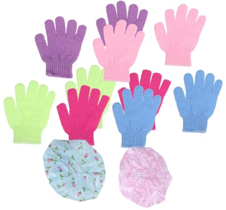 ABOOFAN Badehandschuhe Und Mütze Set Duschhandschuhe Mit Fünf Fingern Und Duschhaube Zum Schutz Aus Nylon Zum Peelen Von Hals Schultern Füßen Und Mehr