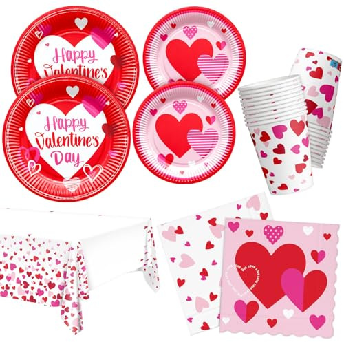 HNH La St. Valentin Assiettes, Serviettes et Gobelets en papier jetable 97 pièces Vaisselle de fête