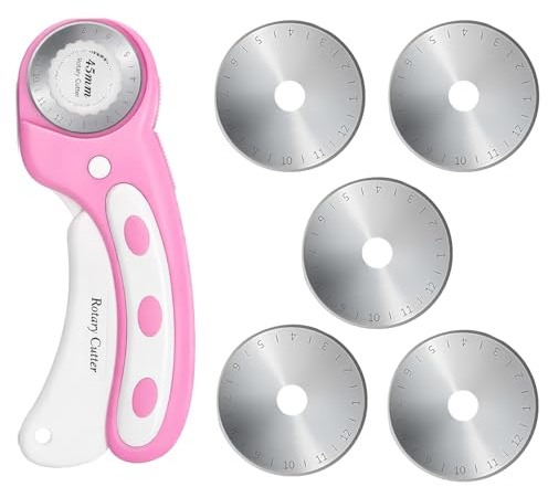 Rollschneider 45mm mit 5 Ersatzklingen und Sicherheitsverschluss,rotary cutter, Stoffschneider für Stoff, Leder, Nähen, Quilten & Basteln, Ergonomischer Rollmesser Cutter (Rosa)