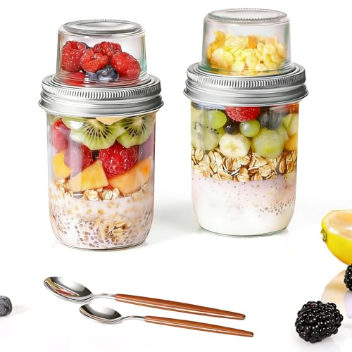 Glass Overnight Oats Jar 2 Pack with Lids 500ml + 100ml, Glass Breakfast Pots for Yoghurt Chia Pudding, Dual-Layer Overnight Oats Container with Spoon, Meal Prep Yoghurt Pots with Separate Toppings