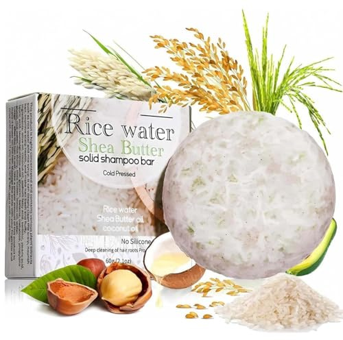 Natural Rice Shampoo Bar With Coconut Oil & Shea Butter,Solid Shampoo Bar,Solid S-hampoo Hair Strengthening Soap,Anti-Hair Loss,Volumizing & Strengthening, Nourishing Dry/Damaged Hair Care,60g