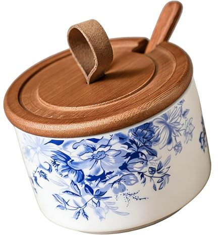 Tmboryuu Porcelain Salt Cellar with Lid and Spoon Pepper Bowl Seasoning Storage Container for Countertop Kitchen Tool Ceramic Salt Box