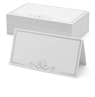 TC Toys - 50 Pack Silver Heart White Wedding Place Cards – Elegant Silver Bordered Name Cards for Tables – 9.6cm x 4.8cm Blank Tent Cards for Wedding Receptions, Anniversaries & Bridal Showers