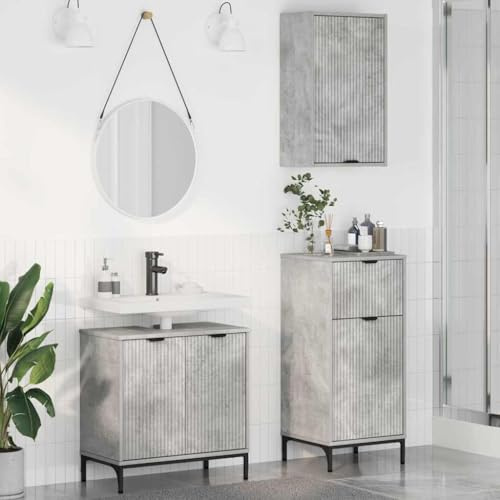 TUERYAFEK Badezimmerschrank Set Betongrau, modernes Badezimmer Möbelset mit Waschtischschrank, niedrigem Schrank und hohem Schrank aus Holzwerkstoff, feuchtigkeitsresistente Oberfläche,