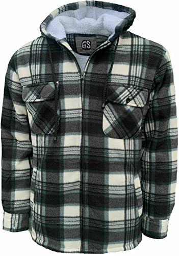 Mens Padded Shirts Lumberjack Hooded Flannel Check Jacket Thick Quilted Work Wear Warm Thermal Fleece Fur Lined Top Casual Coat Size M-XXL (XLarge, Grey)