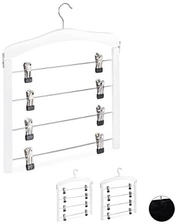 Relaxdays Rockbügel mehrfach, 3er Set, platzsparend, 360° drehbarer Haken, Clipbügel für Hosen & Röcke, Holz, weiß, 43,00 x 38,00 x 2,50cm