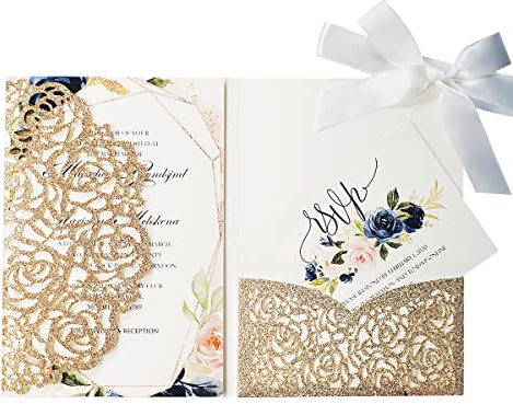 KUCHYNEE 3 Falten Hochzeitseinladungskarten Set mit Elfenbeinbändern 20 Stück für Brautduschen-Verlobungskarten Blankoeinsatz und Umschläge (Gold Glitter)
