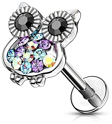 eeddoo Piercing Labret Eule Silber Edelstahl mit Kristallen