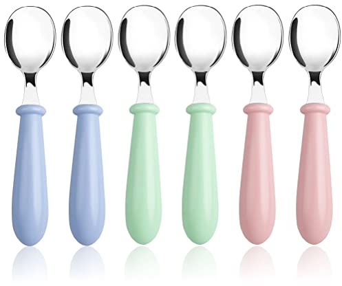 Pimoys 6 Pieces Toddler Spoons Baby Spoons for Self-Feeding, Stainless Steel Kids Spoons with Round Handle Metal Toddler Utensils Children's Silverware Set BPA Free, Dishwasher Safe