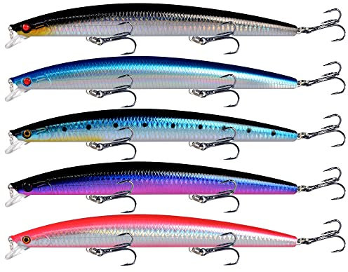 KERUNE Lot de 5 Leurres de Pêches 18cm/24g 3D Artificielles, Minnow Crankbait artificiels, Leurres de pêche, avec Hameçon Triple pour Surf, Surf, Basse, Saumon, Eau Salée, Eau Douce