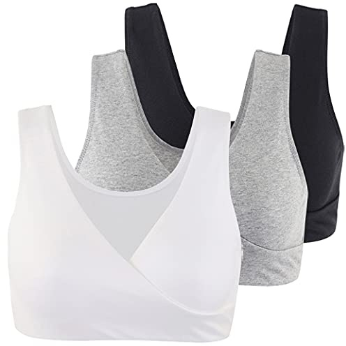 COLOMI Maternity Nursing Bra Wireless Cotton Breastfeeding Bra for Sleep (Black+Grey+White, XXL)